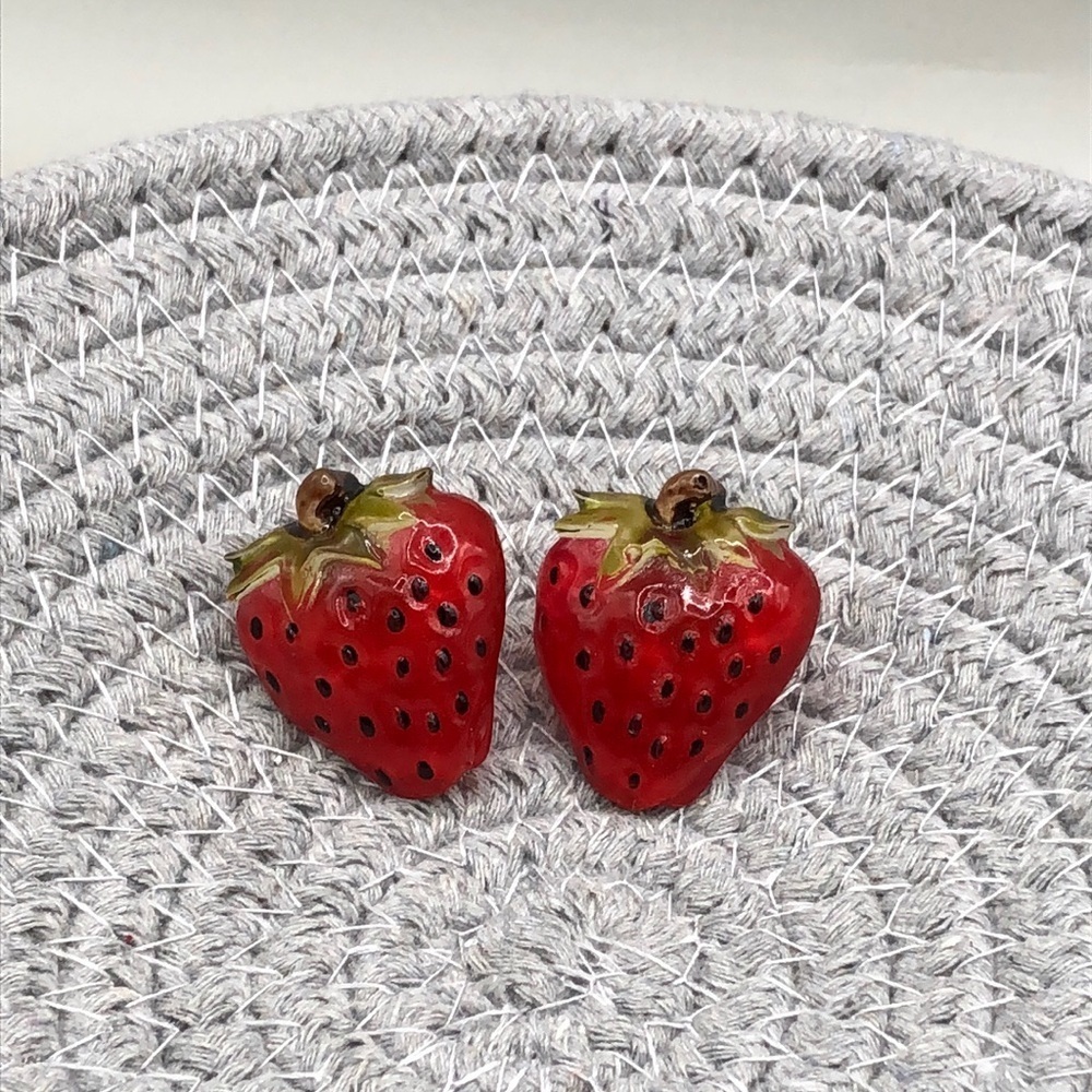 Vintage celluloid handcrafted strawberry earrings, fun statement, whimsy.